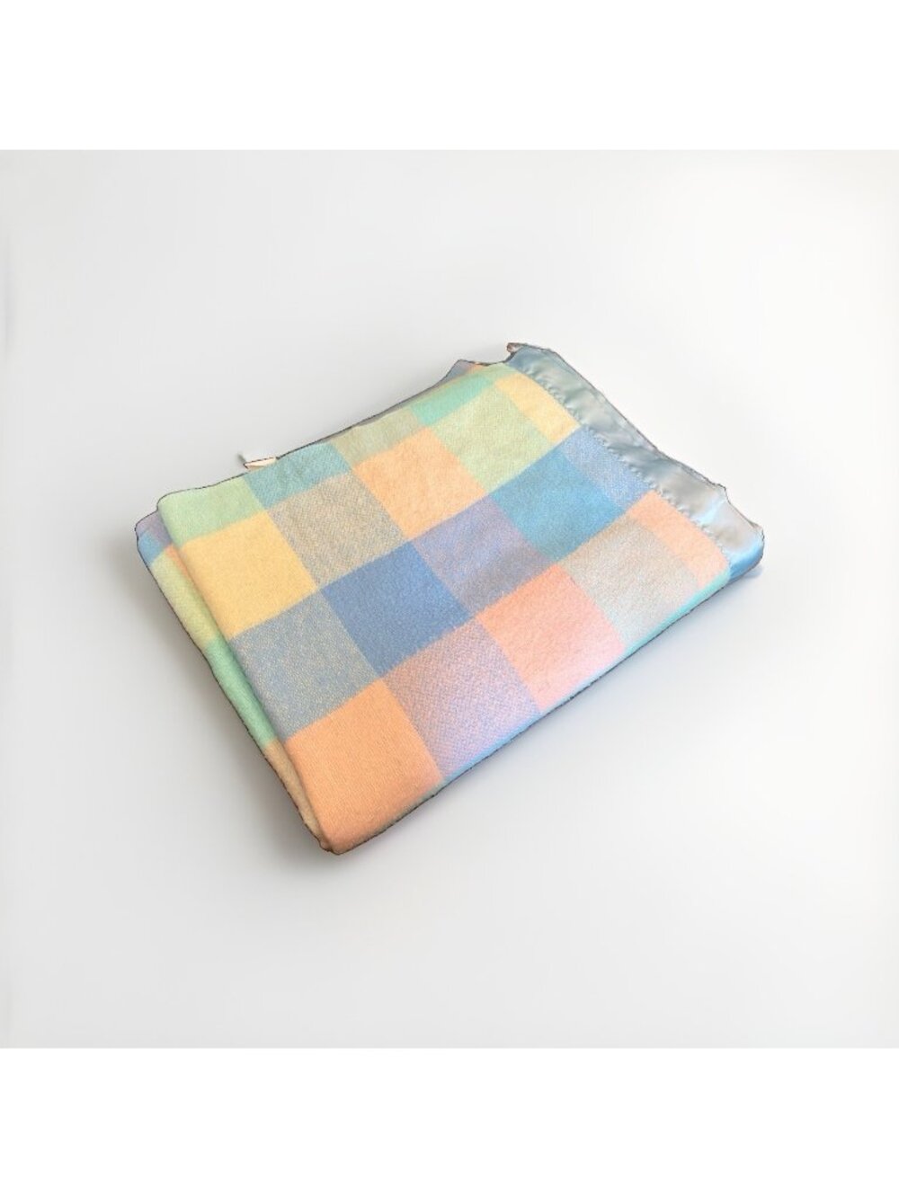 Vintage Chatham Plaid Blanket Pastels Blue Pink Green Yellow 70 X 82'' Satin